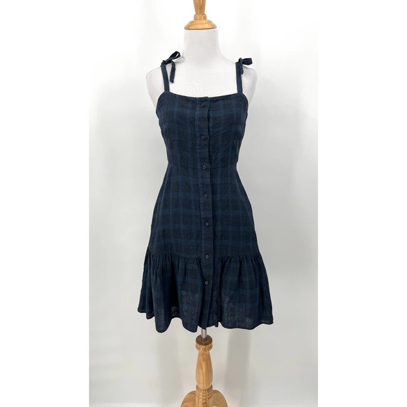 CREATURES OF COMFORT Dress Womens 0 Blue Plaid Linen Button Front Tie Shoulder - Picture 3 of 16
